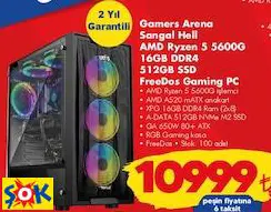 GAMERS ARENA SANGAL HELL AMD RYZEN 5 5600G 16GB DDR4 512GB SSD FREEDOS GAMİNG PC OYUN BİLGİSAYARI
